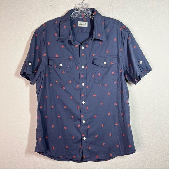 Jachs New York Navy Blue Red Bee Short Sleeves Button‎ Down Shirt Men’s Medium - Picture 1 of 7